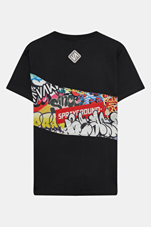 Relax Kalıp Siyah Bisiklet Yaka Baskılı T-Shirt_2