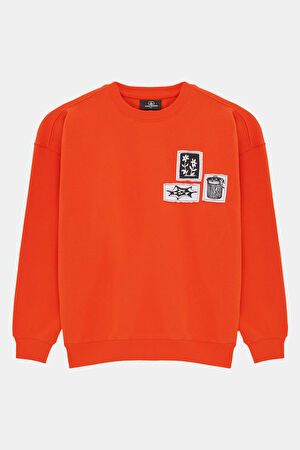 Açık Kırmızı Relax Kalıp Bisiklet Yaka Sweatshirt