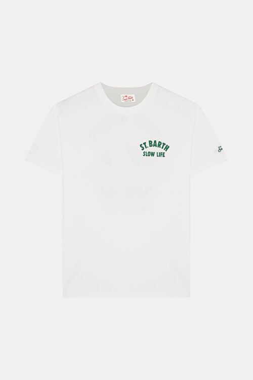 Beyaz Bisiklet Yaka Baskılı T-Shirt