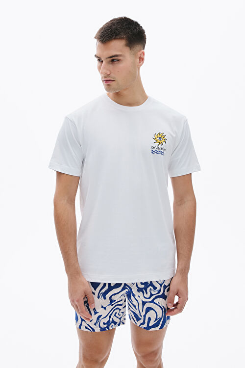 Relax Kalıp Beyaz Bisiklet Yaka Baskılı T-Shirt