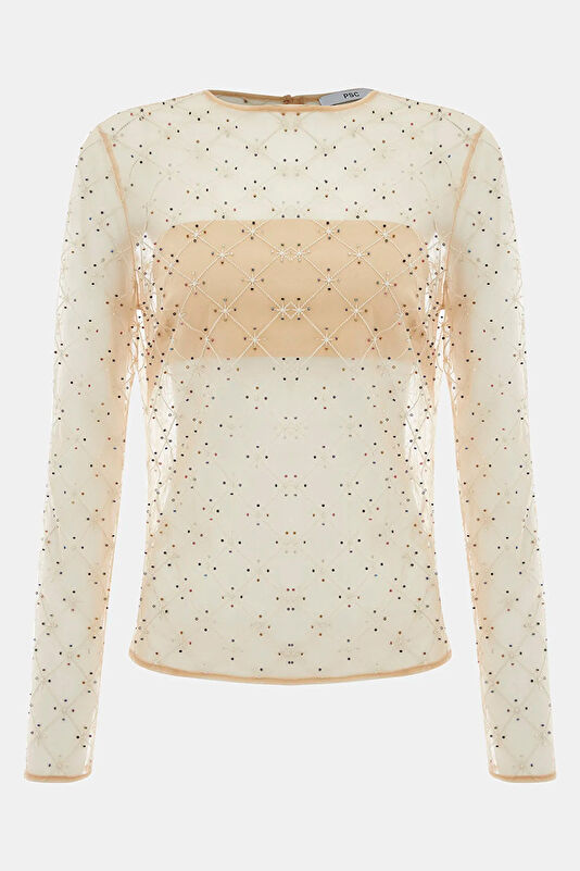 Beige Patterned Long-Sleeved Women's Blouse