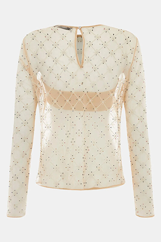 Beige Patterned Long-Sleeved Women's Blouse 2
