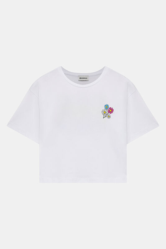 Relax Kalıp Beyaz Bisiklet Yaka T-Shirt