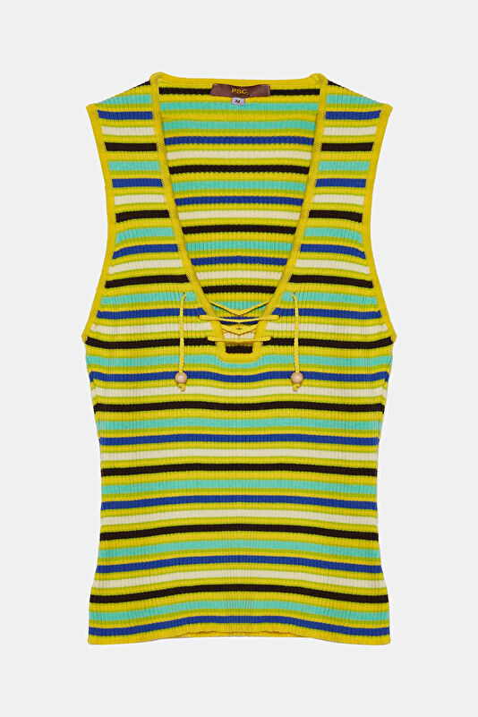 Green Striped Patterned Strappy Women's Blouse