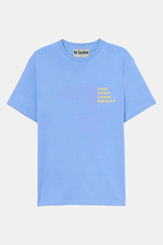 Relax Kalıp Açık Mavi Bisiklet Yaka Baskılı T-Shirt