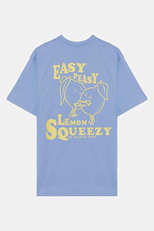 Relax Kalıp Açık Mavi Bisiklet Yaka Baskılı T-Shirt 2