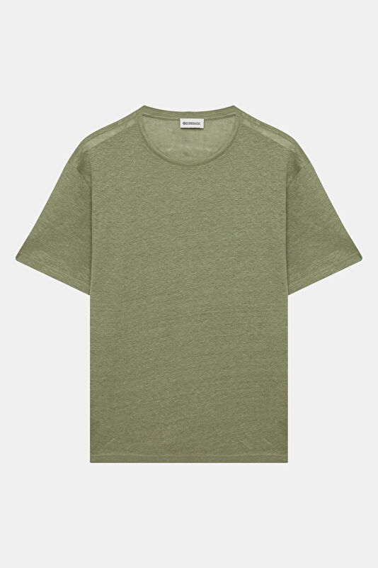 Green Crew Neck Printed Linen Men's T-Shirt
