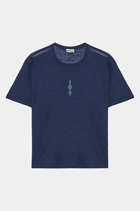 Navy Crew Neck Printed Linen Men's T-Shirt