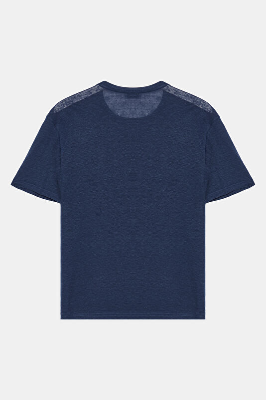 Navy Crew Neck Printed Linen Men's T-Shirt 2