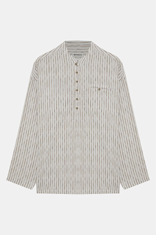 Oversize Ecru Striped Patterned Mandarin Collar Men's Shirt