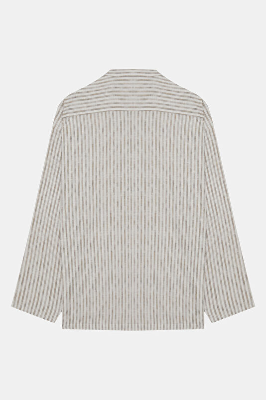 Oversize Ecru Striped Patterned Mandarin Collar Men's Shirt 2