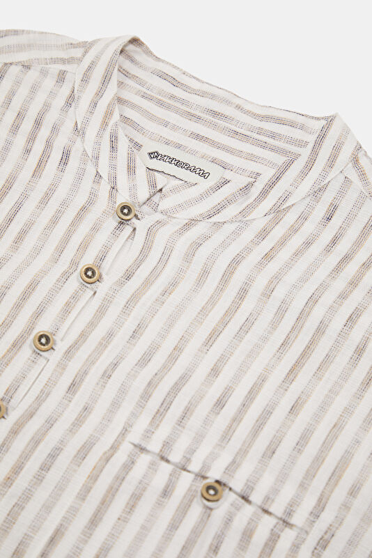 Oversize Ecru Striped Patterned Mandarin Collar Men's Shirt 3