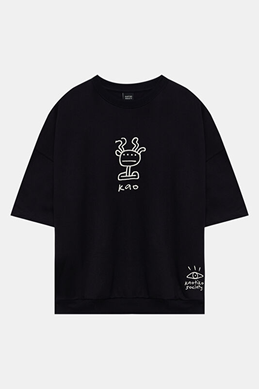 Relax Kalıp Siyah Bisiklet Yaka Baskılı T-Shirt