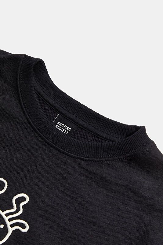 Relax Kalıp Siyah Bisiklet Yaka Baskılı T-Shirt 3