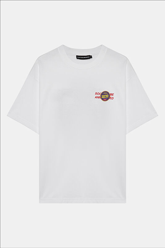 Relax Kalıp Beyaz Bisiklet Yaka Baskılı T-Shirt