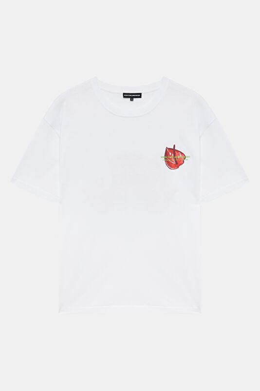 Relax Kalıp Beyaz Bisiklet Yaka Baskılı T-Shirt