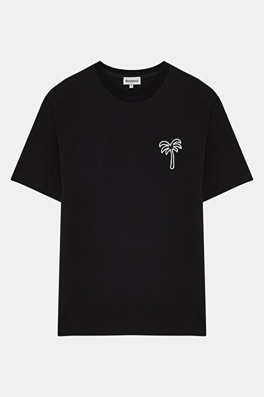 Siyah Bisiklet Yaka Nakışlı T-Shirt