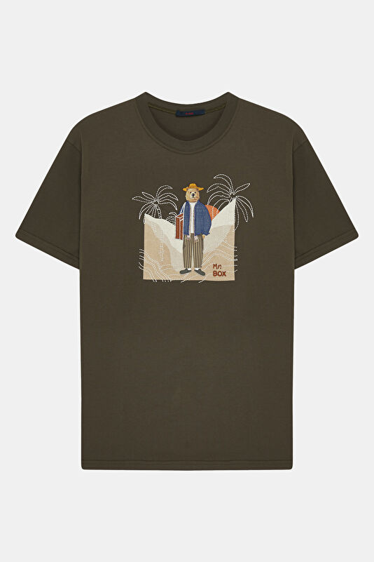 Relax Pattern Khaki Crew Neck Printed T-Shirt