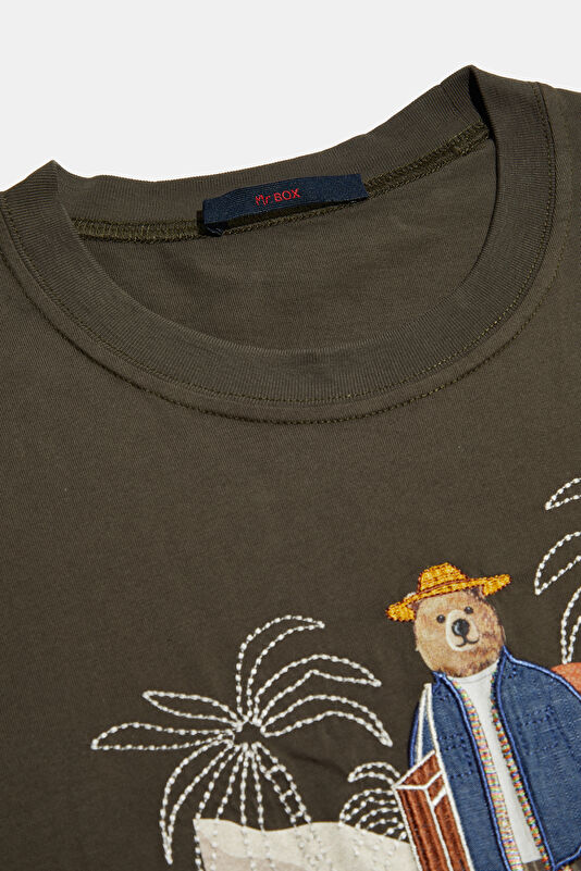 Relax Pattern Khaki Crew Neck Printed T-Shirt 3