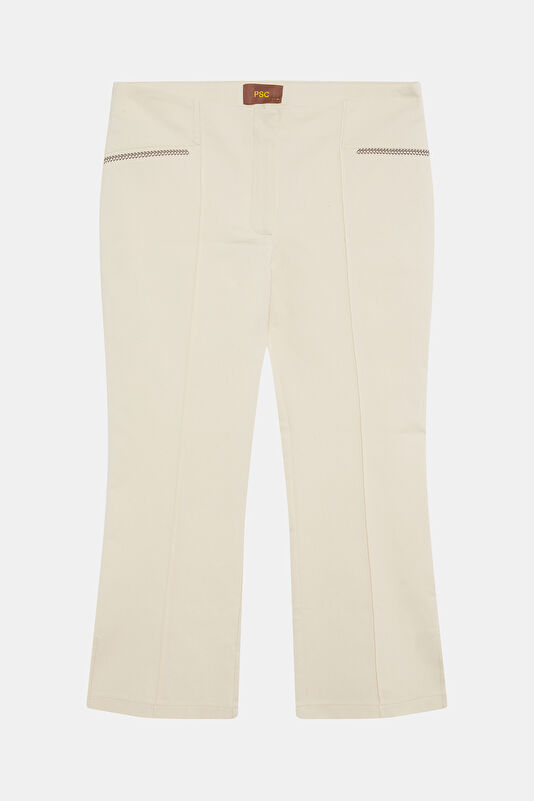 Beige Straight Leg Cotton Elastane Women's Trousers