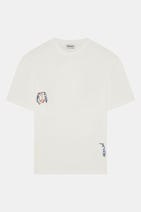 Ekru Bisiklet Yaka Nakışlı T-Shirt
