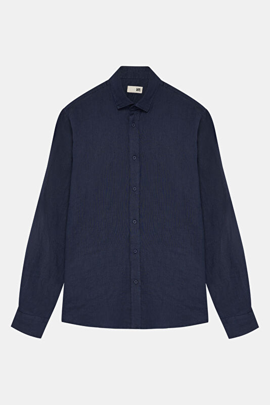 Navy Blue Linen Regular Shirt