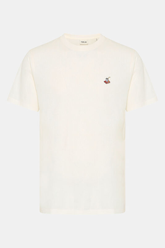 Ekru Bisiklet Yaka Baskılı T-Shirt