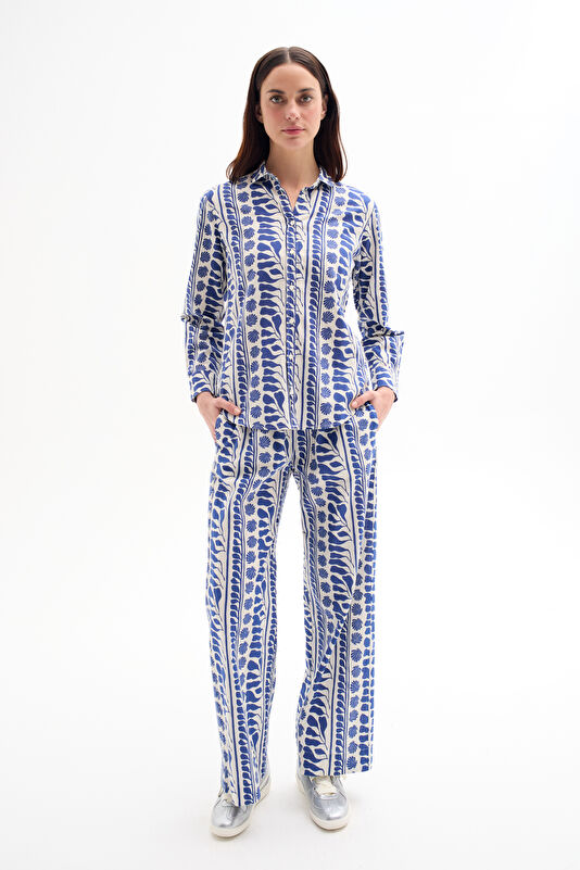Blue Patterned Mandarin Collar Shirt