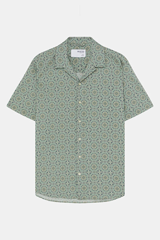 Light Green Resort Neck Linen Cotton Men's Shirt