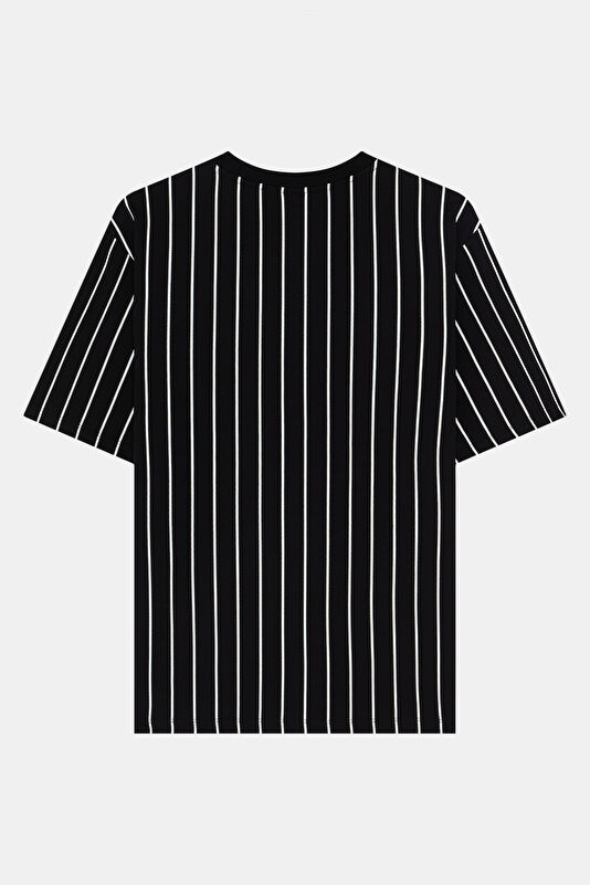 Relax Kalıp Siyah Bisiklet Yaka Çizgili Erkek T-Shirt 2