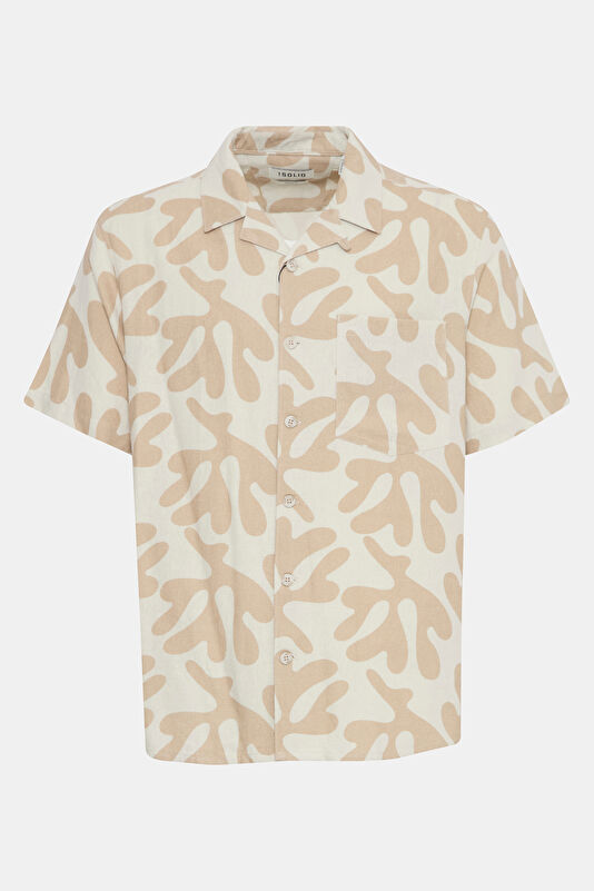 Relax Pattern Linen Cream Patterned Resort Collar Shirt
