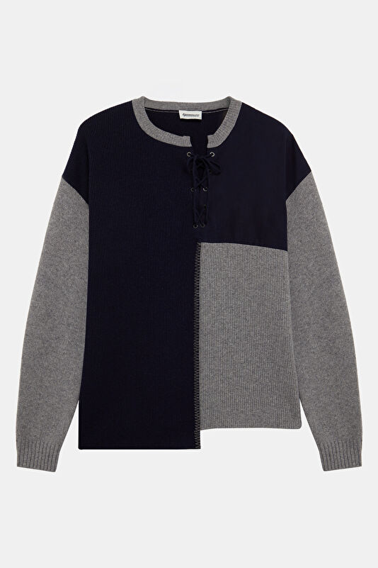 Navy Blue Men's Wool Knit Sweater with Trim Details