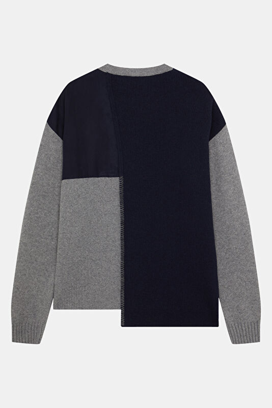 Navy Blue Men's Wool Knit Sweater with Trim Details 2