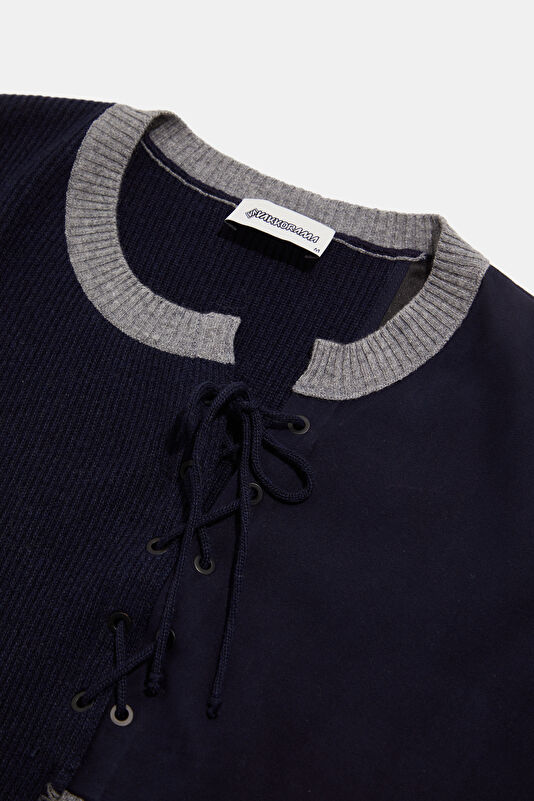 Navy Blue Men's Wool Knit Sweater with Trim Details 3