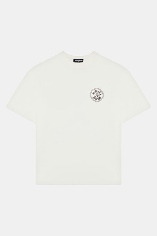 Relax Fit Ecru Bicycle Collar Printed Tshirt