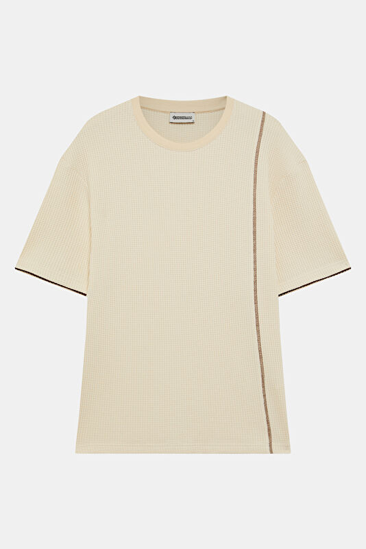 Ecru Crew Neck Textured Men's T-Shirt