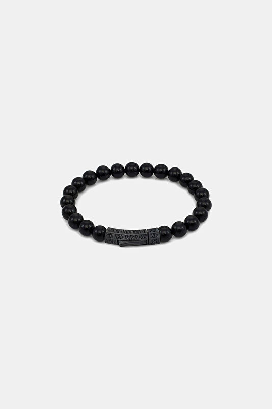 Oxidized Single Layer Onyx Silver Colored Bracelet