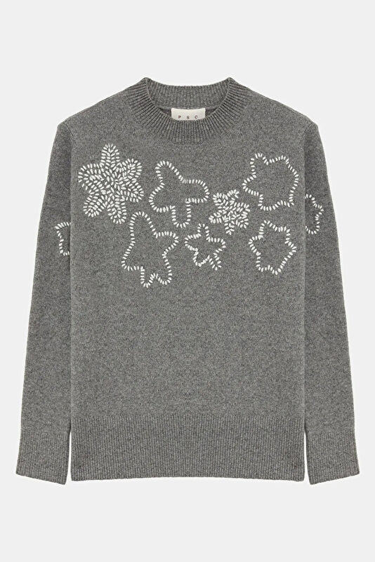 Grey Embroidered Wool Women's Sweater