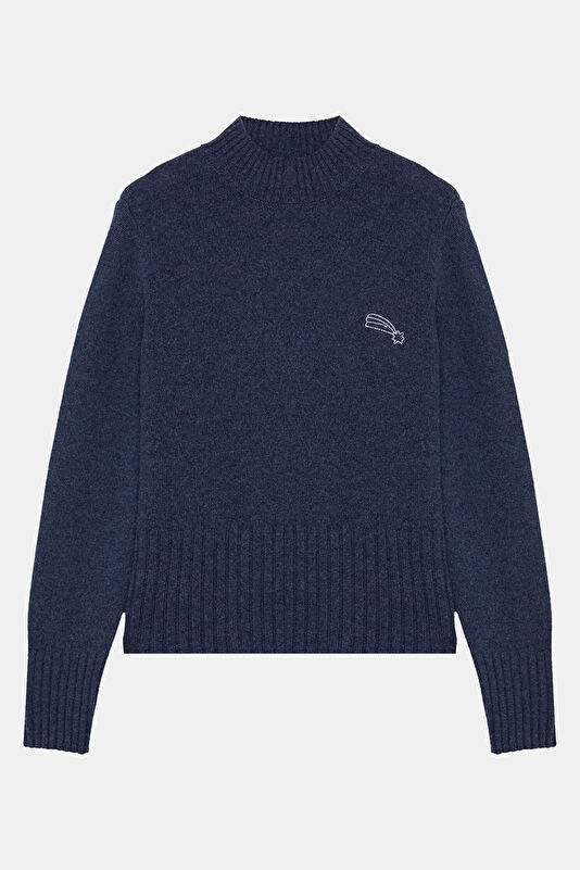 Navy Blue Embroidered Cashmere Women's Sweater