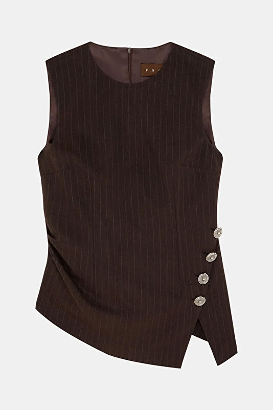 Coffee Striped Sleeveless Women's Blouse