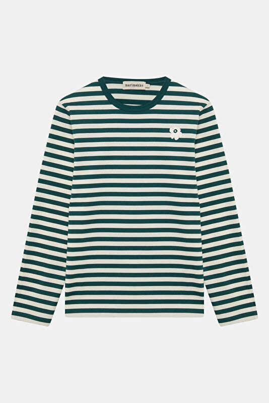 Relax Kalıp Koyu Yeşil O Yaka Çizgili Desenli Kadın T-Shirt