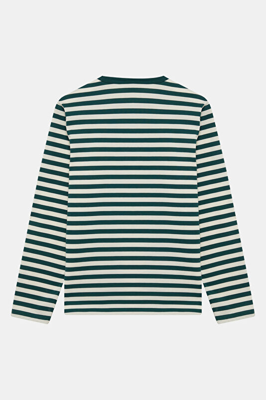 Relax Kalıp Koyu Yeşil O Yaka Çizgili Desenli Kadın T-Shirt 2