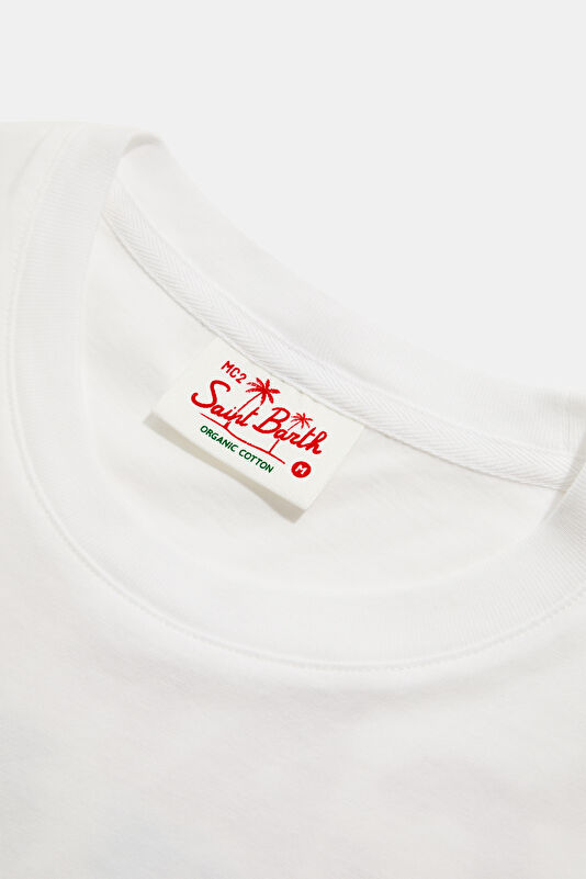 Relax Kalıp Beyaz Bisiklet Yaka Baskılı Erkek T-Shirt 3