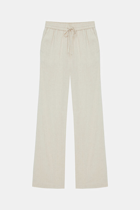 Krem Wide Leg Viskon Pantolon