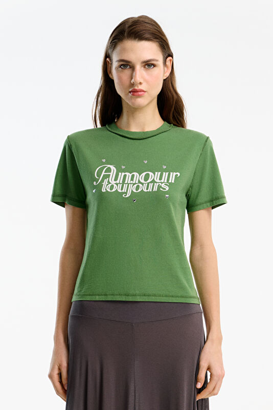 Yeşil O Yaka Desenli Kadın T-Shirt