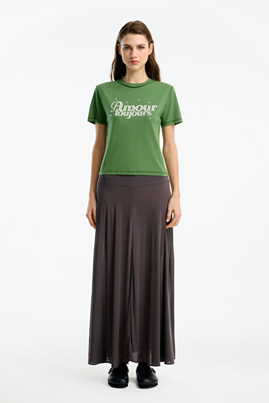 Yeşil O Yaka Desenli Kadın T-Shirt 3