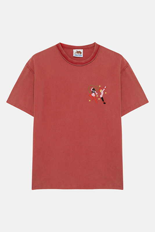 Kırmızı O Yaka Desenli Kadın T-Shirt