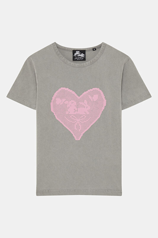 Gri O Yaka Desenli Kadın T-Shirt
