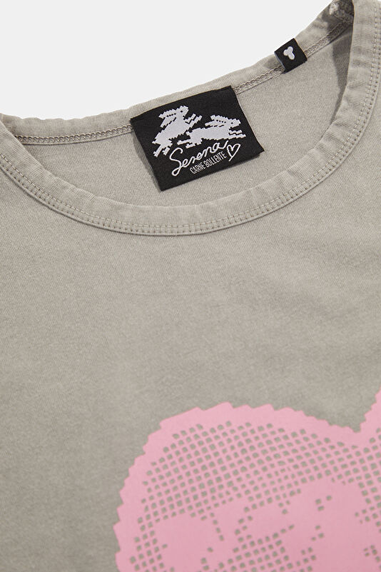 Gri O Yaka Desenli Kadın T-Shirt 3