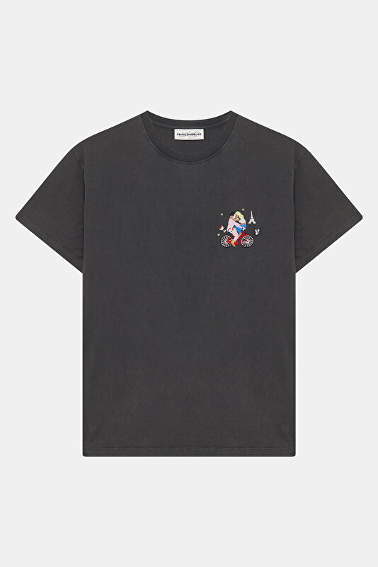 Siyah O Yaka Desenli Kadın T-Shirt
